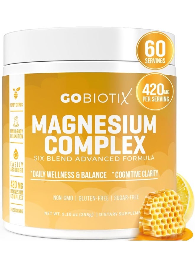 GoBiotix Magnesium Glycinate Powder - Magnesium Complex Supplement with Citrate, Malate, and Glutamine Chelate - Sugar Free, Non GMO - 420 mg per Serving - 60 Servings per Tub - Honey Citrus - Image 1