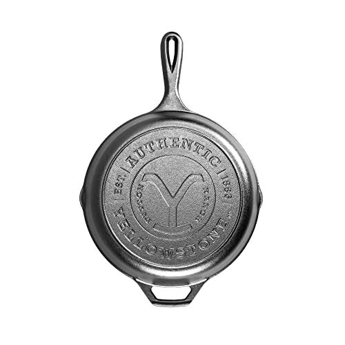 Lodge Pre-Seasoned Yellowstone Stamped Cast Iron Cookware - Signature Teardrop Handle - Use in the Oven, on the Stove, on the Grill, or Over a Campfire - 10.25 Inch Logo Skillet - Image 1