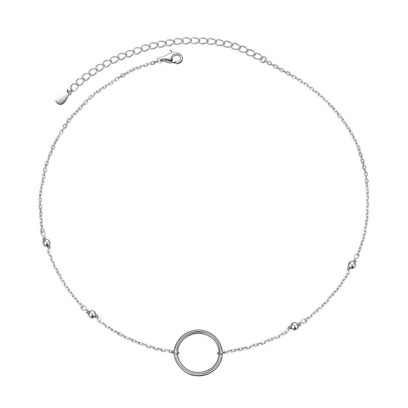 Ladytree S925 Sterling Silver Dainty Simple Beads Circle Pendant Eternity Choker Necklace,Rolo Chain,13 to 16 inches
