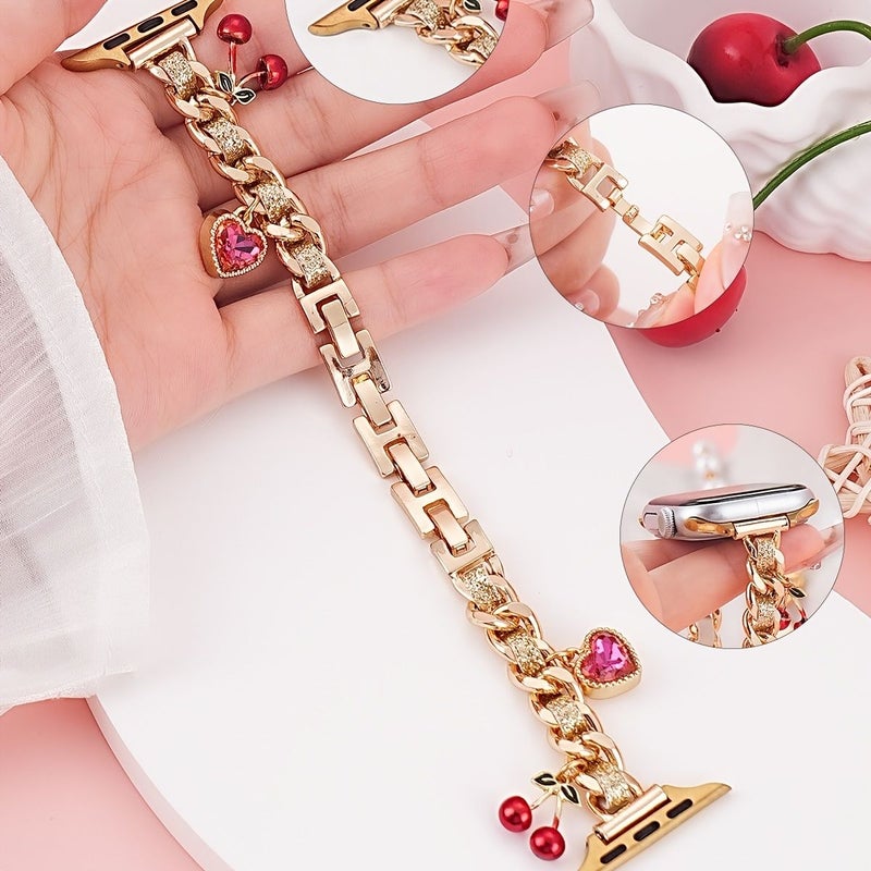 Golden Pink Women Girls Thin Chain Watch Band With Shell Cherry Heart Moon Charms 42 44 45 46 49mm - Image 1