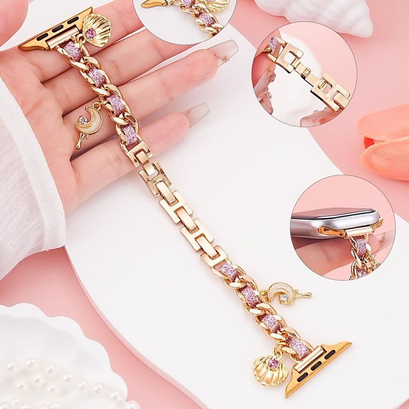 Golden Pink Women Girls Thin Chain Watch Band With Shell Cherry Heart Moon Charms 42 44 45 46 49mm - Image 3