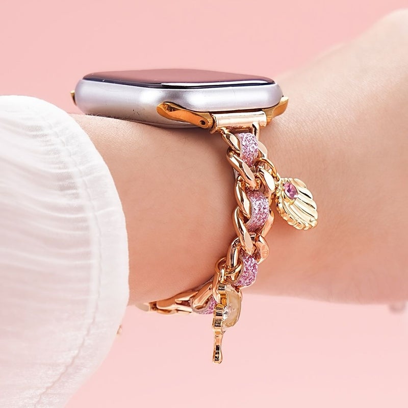 Golden Pink Women Girls Thin Chain Watch Band With Shell Cherry Heart Moon Charms 42 44 45 46 49mm - Image 5