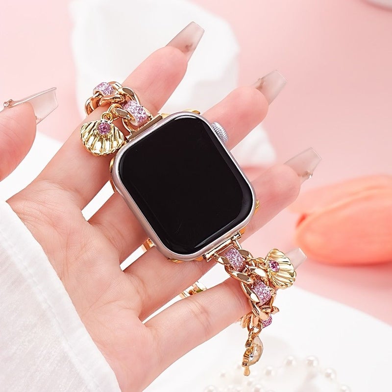 Golden Pink Women Girls Thin Chain Watch Band With Shell Cherry Heart Moon Charms 42 44 45 46 49mm - Image 4
