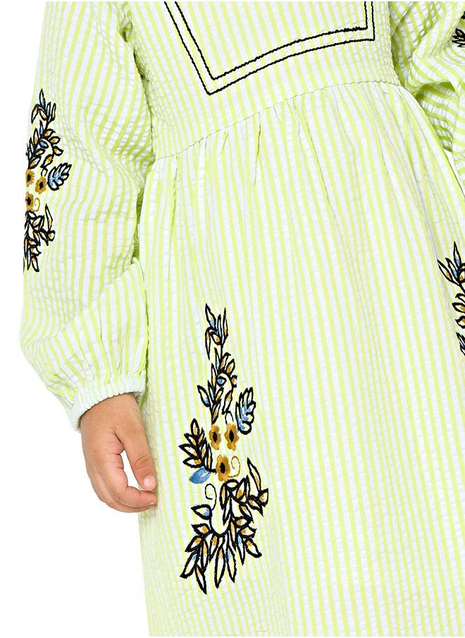 babyqlo Charming green striped dress with embroidery for girls  - Image 5