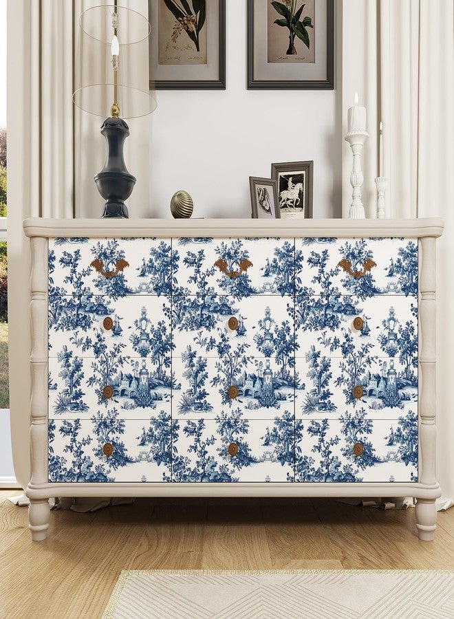 VaryPaper 17.7''x78.7'' Toile Peel and Stick Wallpaper Blue and White French Country Wallpaper for Bathroom Waterproof Self Adhesive Chinoiserie Wall Mural Removable Vintage Contact Paper for Cabinets - Image 3