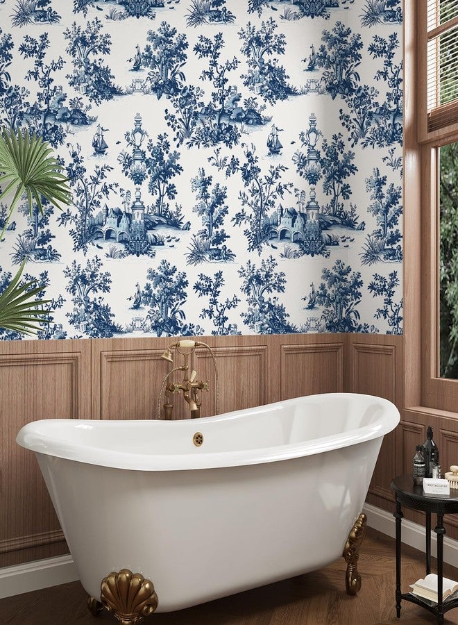 VaryPaper 17.7''x78.7'' Toile Peel and Stick Wallpaper Blue and White French Country Wallpaper for Bathroom Waterproof Self Adhesive Chinoiserie Wall Mural Removable Vintage Contact Paper for Cabinets - Image 5