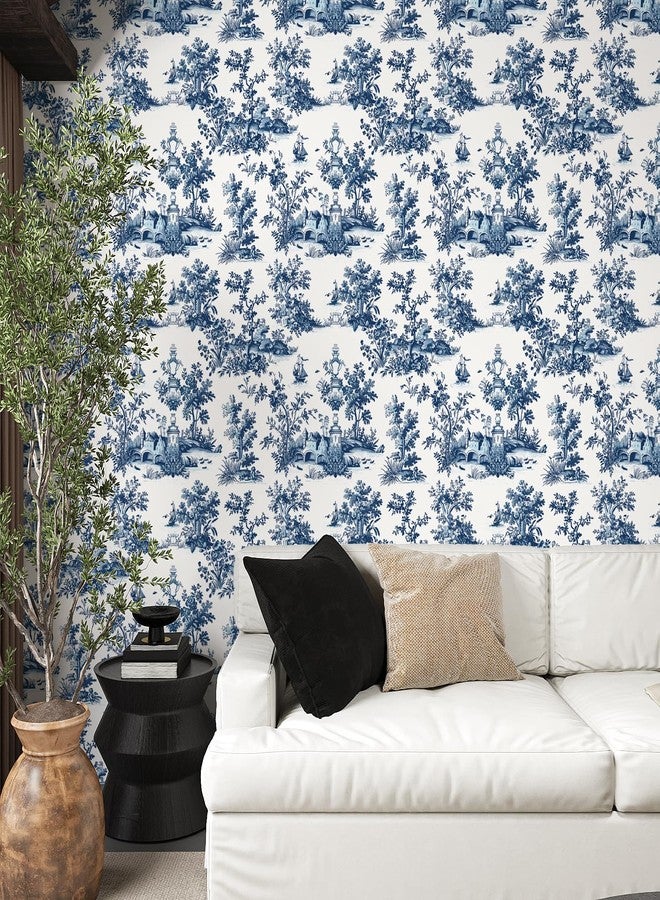 VaryPaper 17.7''x78.7'' Toile Peel and Stick Wallpaper Blue and White French Country Wallpaper for Bathroom Waterproof Self Adhesive Chinoiserie Wall Mural Removable Vintage Contact Paper for Cabinets - Image 2