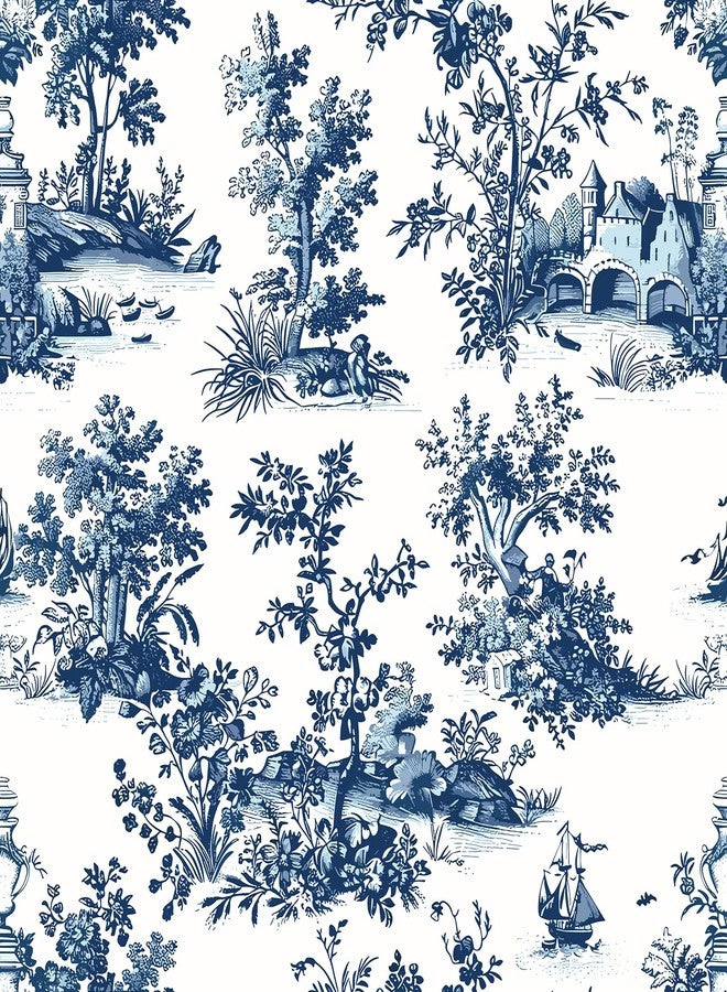 VaryPaper 17.7''x78.7'' Toile Peel and Stick Wallpaper Blue and White French Country Wallpaper for Bathroom Waterproof Self Adhesive Chinoiserie Wall Mural Removable Vintage Contact Paper for Cabinets - Image 1