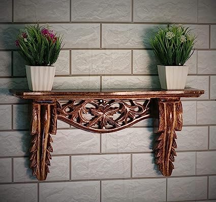 APEROL DESIGN Beautiful Hand Carved Wood Lacquered Wall Decor Shelf for Living Room Brown Set of 1 Classic1 - Image 1