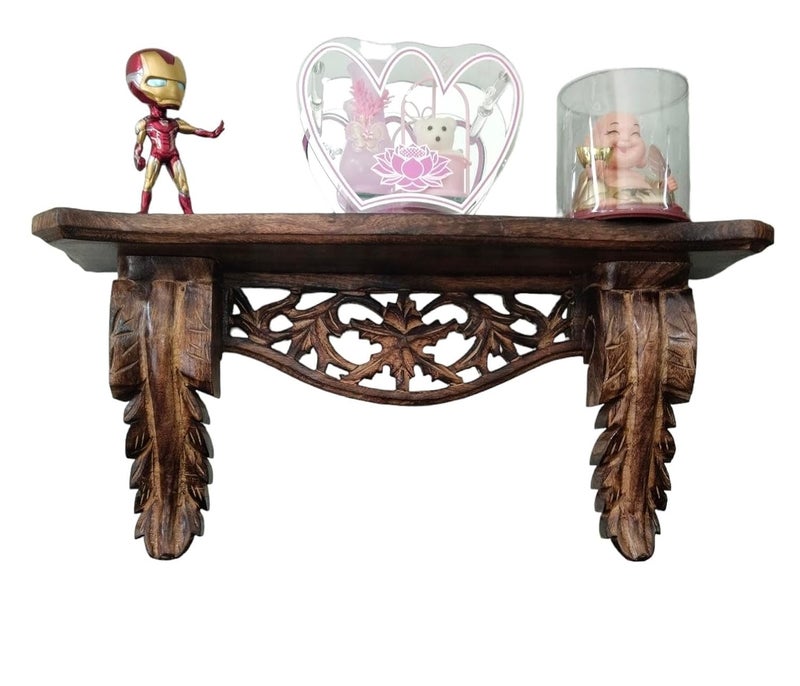 APEROL DESIGN Beautiful Hand Carved Wood Lacquered Wall Decor Shelf for Living Room Brown Set of 1 Classic1 - Image 5