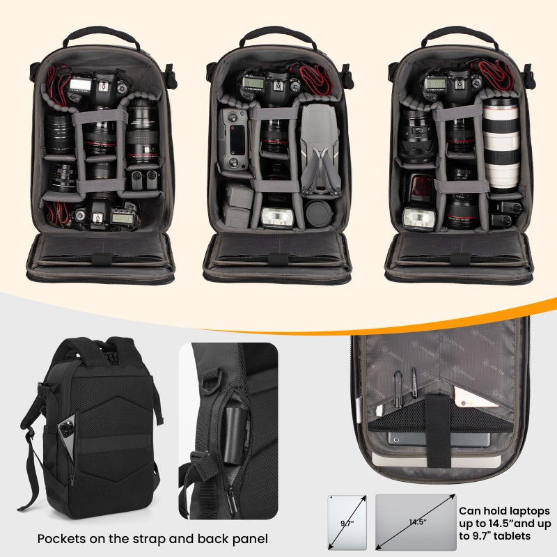 TARION Hardshell Camera Backpack Bag - 3-side Hard Case Professional Camera Bag with 14.5" Laptop Compartment & Waterproof Raincover for photographers Black - TRH - Image 4