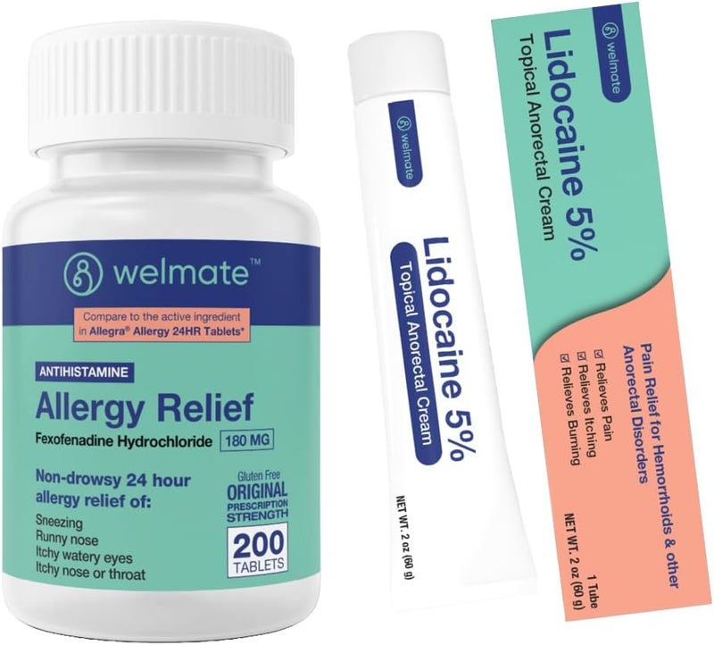 WELMATE Allergy Relief  Pain Soothing Kit Fexofenadine HCl 180mg 200 Ct  5 Lidocaine Cream 2 Oz - Image 1