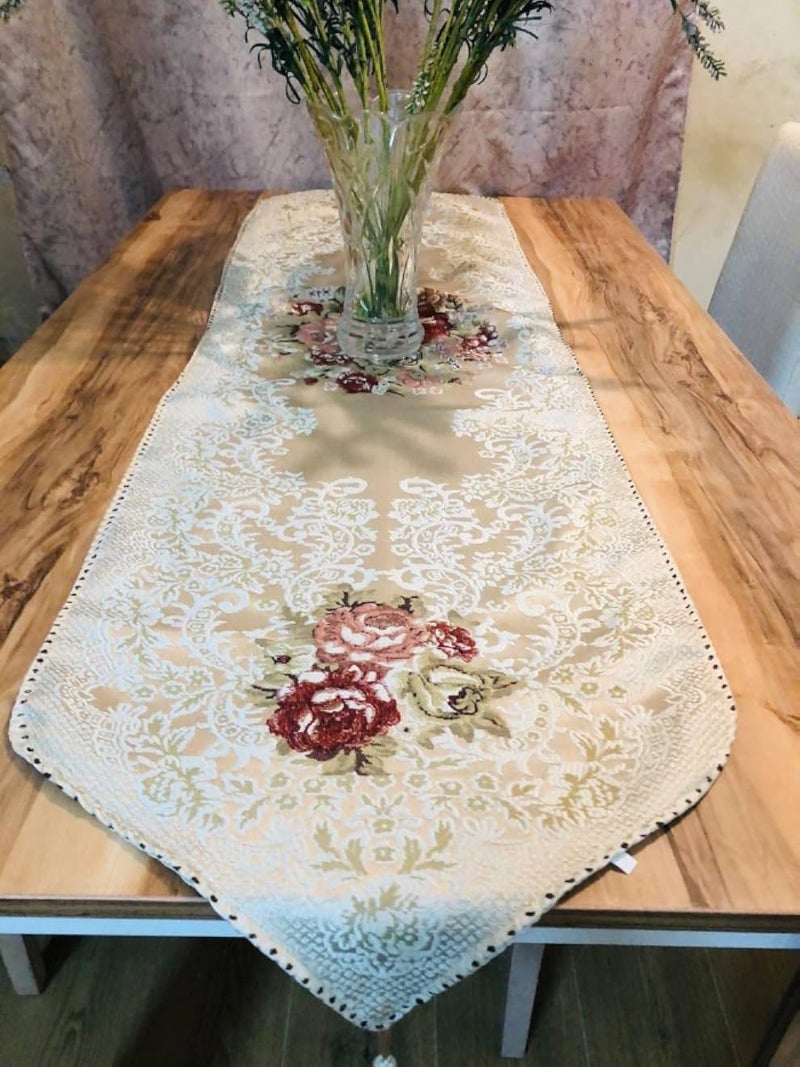 Generic Table Runner, Floral Pattern, Tan, Satin Material