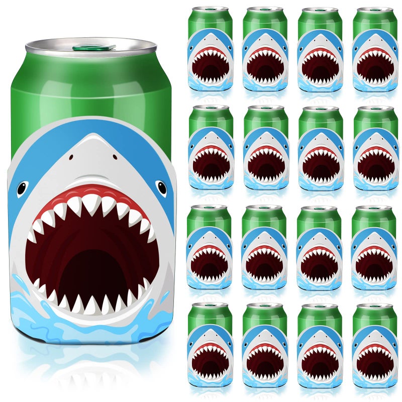 Jutom 16 Pieces Shark Party Favors Shark Can Covers Birthday Supplies Decorations Soft Can Coolers Slim Sleeves Fit 330 ml Cans for Beach Parties