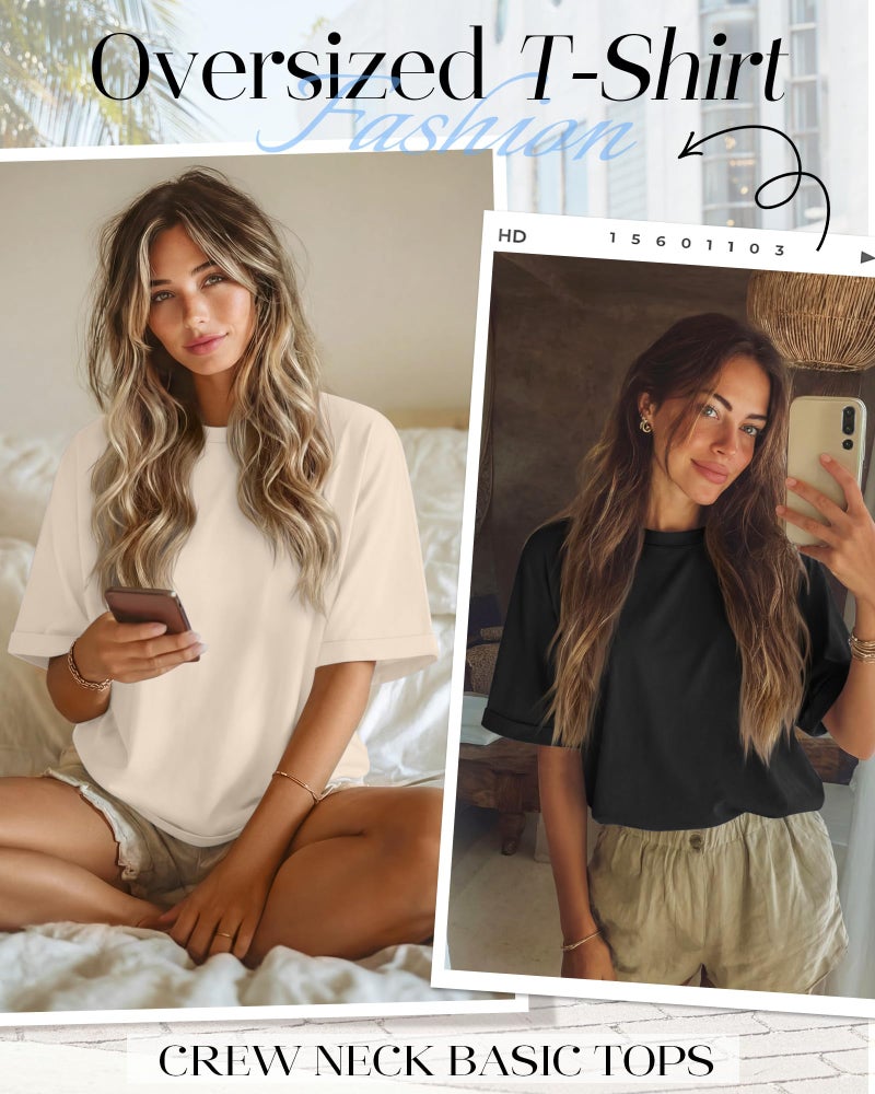 Riyiper 3 Pack Women's Oversized T-Shirt Half Sleeve Summer Tees Casual Loose Fit Crew Neck Basic Tops(Black, Apricot, Brown,Medium) - Image 4