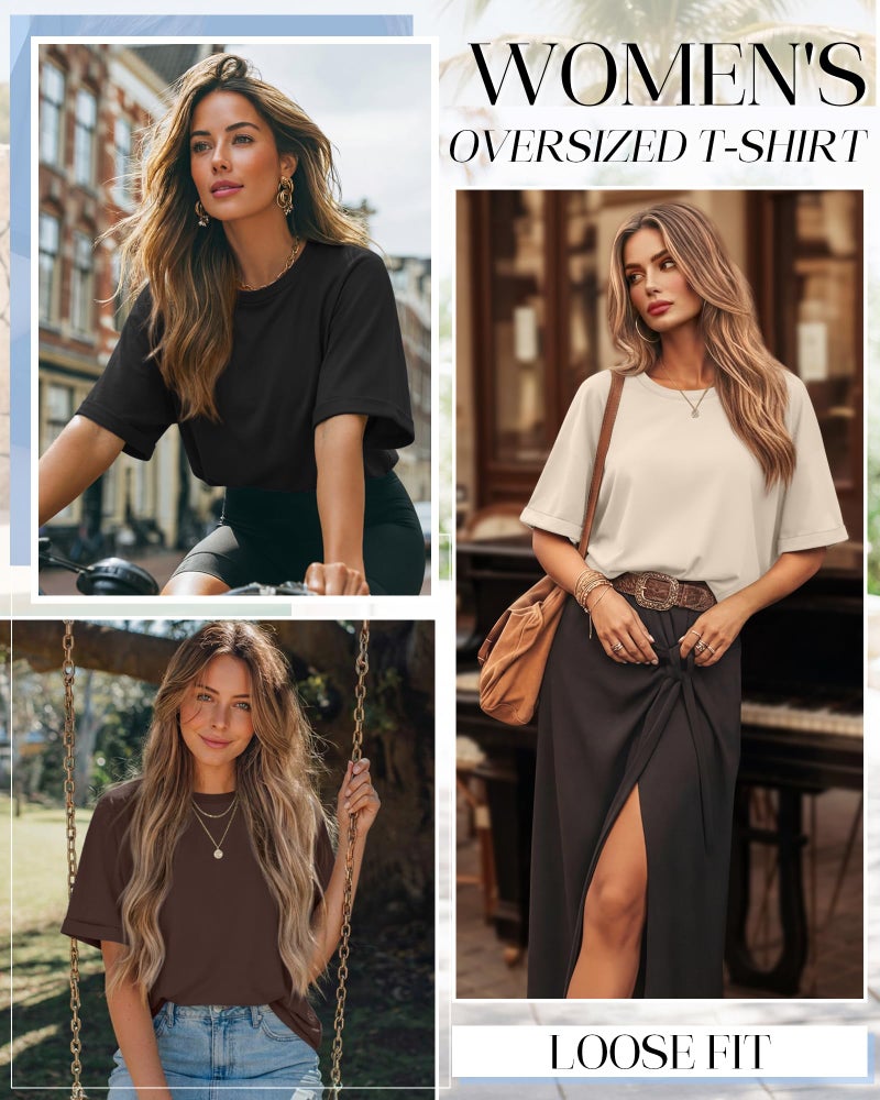 Riyiper 3 Pack Women's Oversized T-Shirt Half Sleeve Summer Tees Casual Loose Fit Crew Neck Basic Tops(Black, Apricot, Brown,Medium) - Image 3