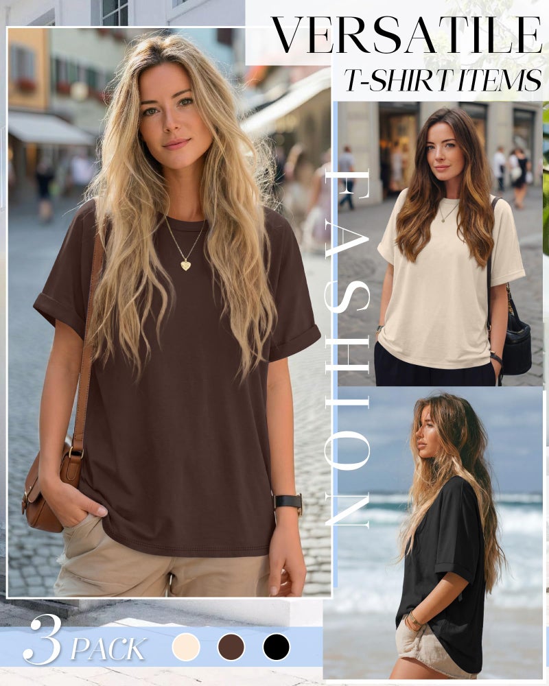 Riyiper 3 Pack Women's Oversized T-Shirt Half Sleeve Summer Tees Casual Loose Fit Crew Neck Basic Tops(Black, Apricot, Brown,Medium) - Image 5