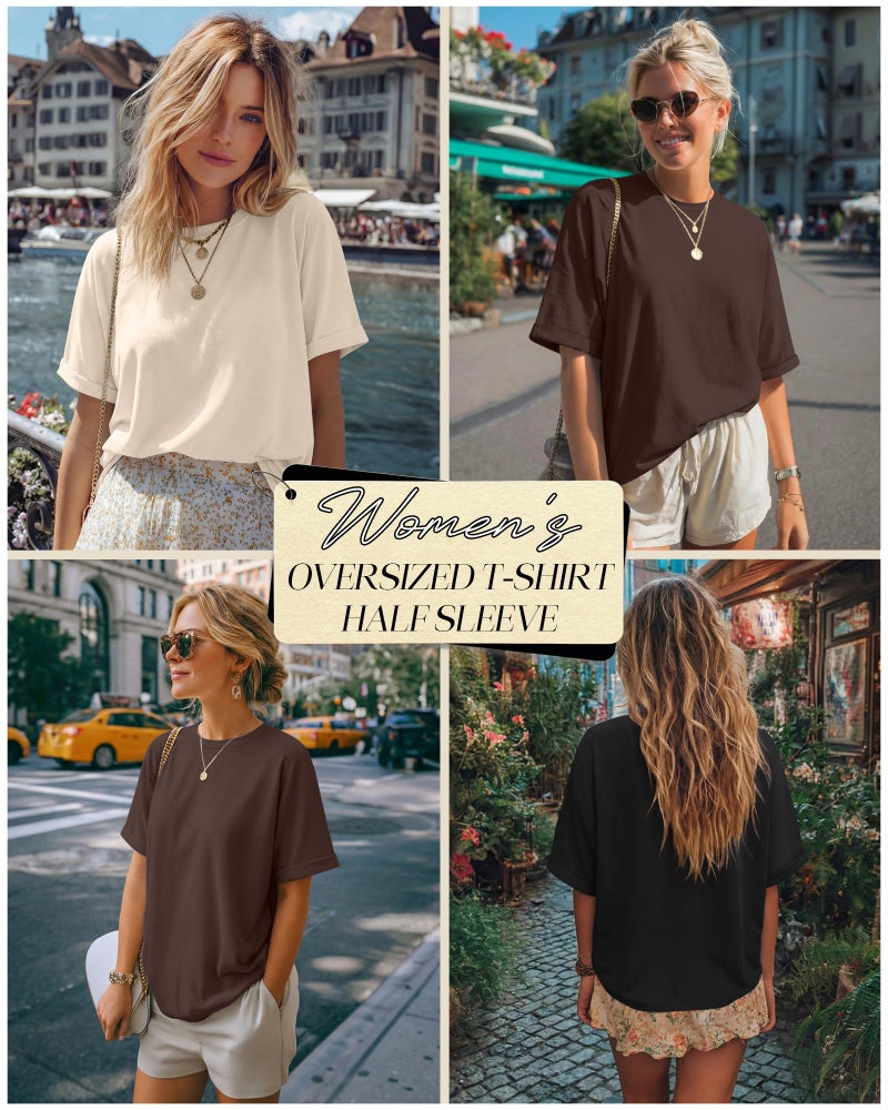 Riyiper 3 Pack Women's Oversized T-Shirt Half Sleeve Summer Tees Casual Loose Fit Crew Neck Basic Tops(Black, Apricot, Brown,Medium) - Image 2