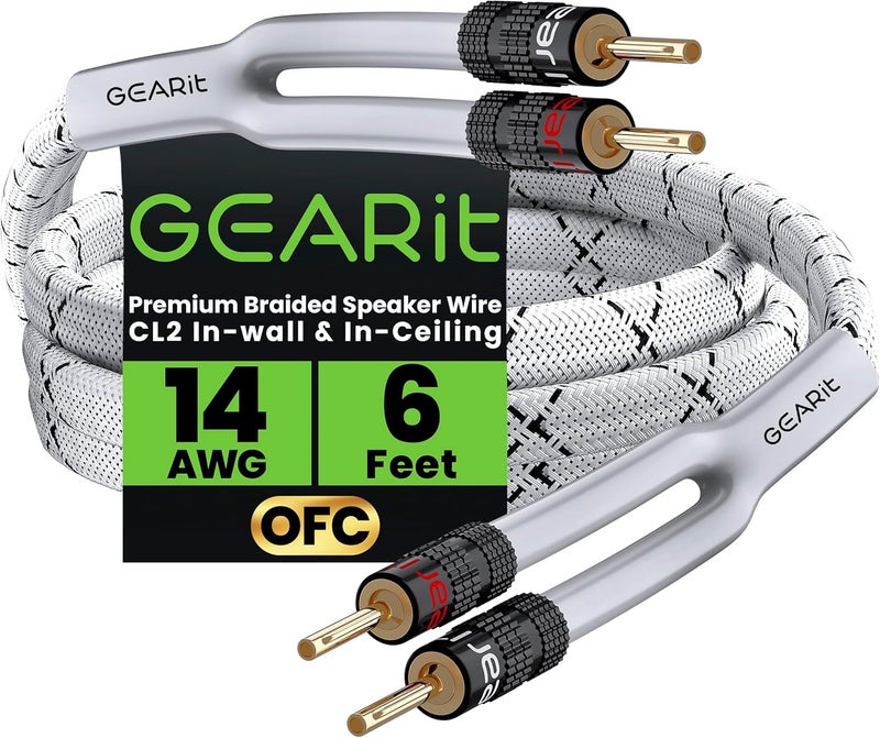 GearIT Hi-Fi 2x2.5mm≤ Speaker Wire with Banana Plugs (1.821 Meters - White) OFC Oxygen-Free Copper, CL2 In-Wall Speaker Cable, Heavy-Duty Braided - 14 Gauge AWG, 3 Feet - Image 1