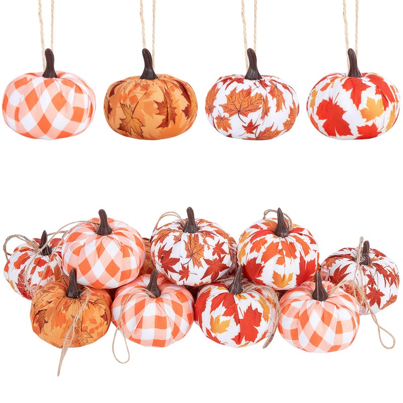 Wehhbtye 12PCS Fall Thanksgiving Pumpkin Hanging Ornaments-Maple Leaf Plaid Fabric Wrapped Pumpkin Shaped Ornament Orange White Buffalo Pumpkin Ball for Thanksgiving Day Autumn Party Home Decor - Image 1