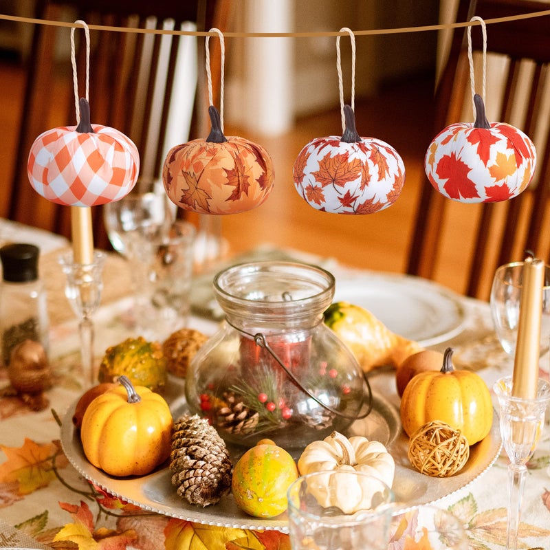 Wehhbtye 12PCS Fall Thanksgiving Pumpkin Hanging Ornaments-Maple Leaf Plaid Fabric Wrapped Pumpkin Shaped Ornament Orange White Buffalo Pumpkin Ball for Thanksgiving Day Autumn Party Home Decor - Image 5