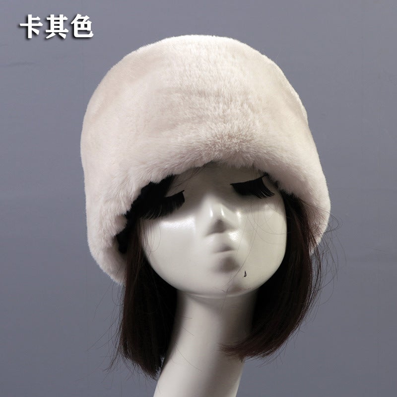 Autumn Winter Faux Rabbit Fur Hat for Adults Khaki short wool flat top hat