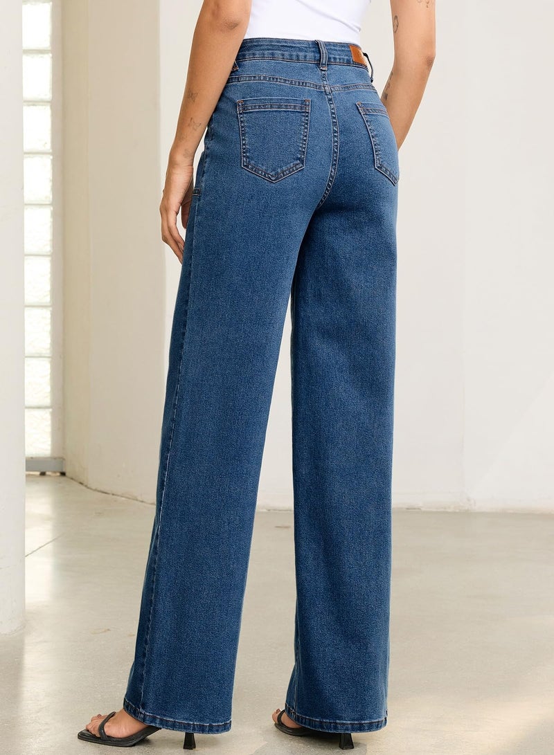 Sidefeel Womens Wide Leg Jeans High Waisted Stretchy Straight Leg Baggy Denim Pants Dark Blue Size 10 - Image 2