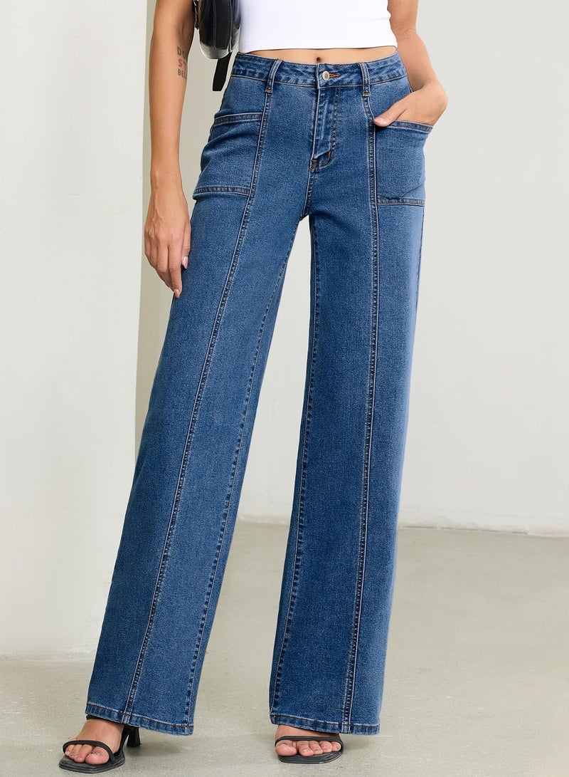 Sidefeel Womens Wide Leg Jeans High Waisted Stretchy Straight Leg Baggy Denim Pants Dark Blue Size 10 - Image 4