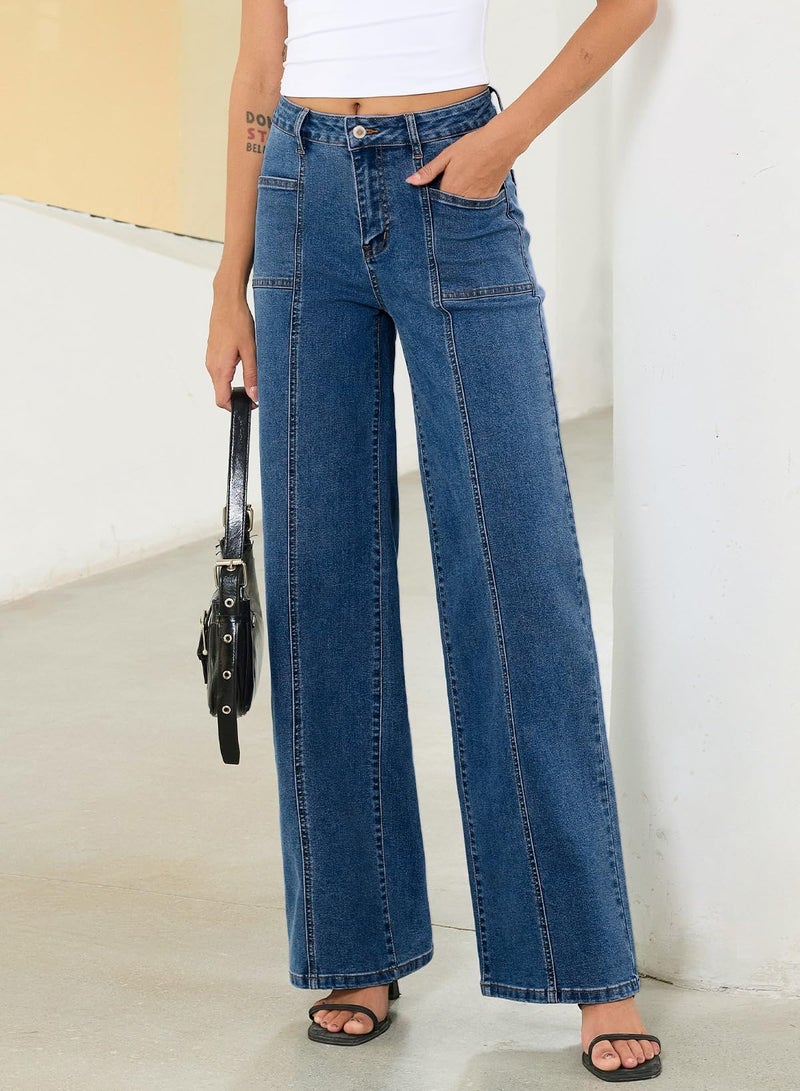 Sidefeel Womens Wide Leg Jeans High Waisted Stretchy Straight Leg Baggy Denim Pants Dark Blue Size 10 - Image 3