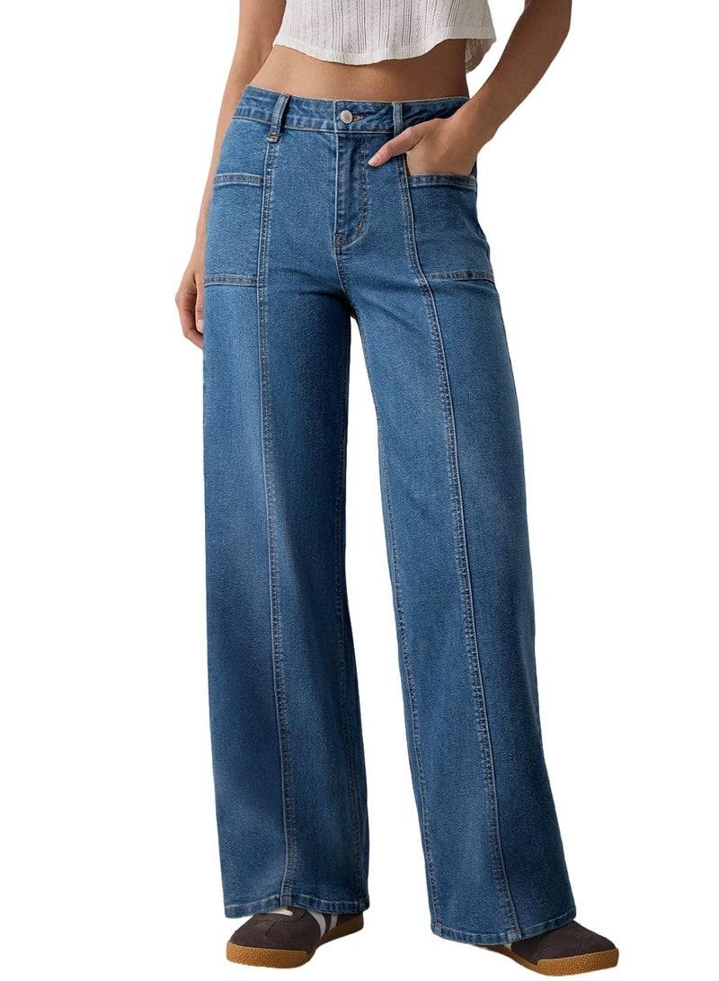 Sidefeel Womens Wide Leg Jeans High Waisted Stretchy Straight Leg Baggy Denim Pants Dark Blue Size 10 - Image 1