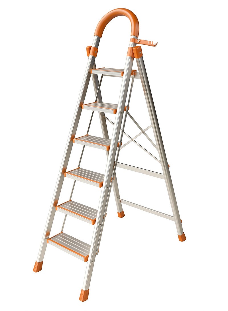 SUNRISE 6 Step Folding Aluminum Ladder Lightweight Anti Slip with Tool Hook for Home and Kitchen Use  - Image 1