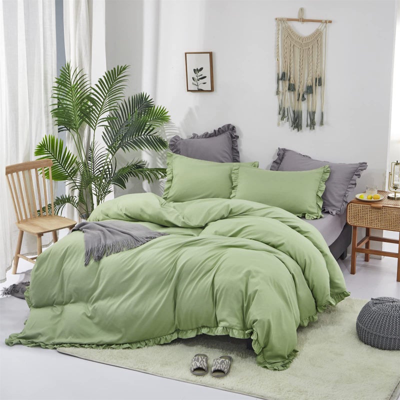 Luxlovery Luxlovery Sage Green Ruffle Comforter Set Full Boho Light Green Bedding Comforter Set Ruffled Farmhouse Boho Cotton Dusty Green Solid Blanket Quilts Aloe Green Bedding Set for Women Men  - Image 4
