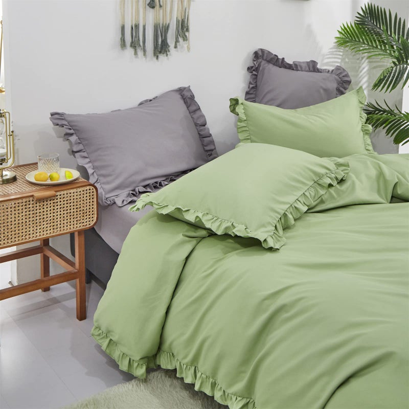 Luxlovery Luxlovery Sage Green Ruffle Comforter Set Full Boho Light Green Bedding Comforter Set Ruffled Farmhouse Boho Cotton Dusty Green Solid Blanket Quilts Aloe Green Bedding Set for Women Men  - Image 5