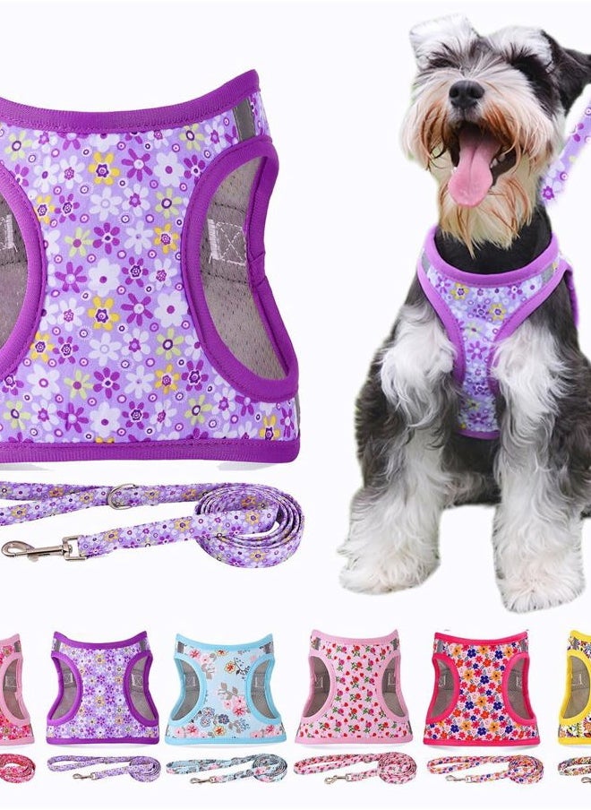 AKTVSHOW Moonpet Step in Air Dog Harness Leash Set- All Weather Reflective No-Pull Floral Pattern Padded Mesh Vest Harness for Cats Puppy Extra-Small Small Medium Large Dogs - Purple Flower - M  - Image 1