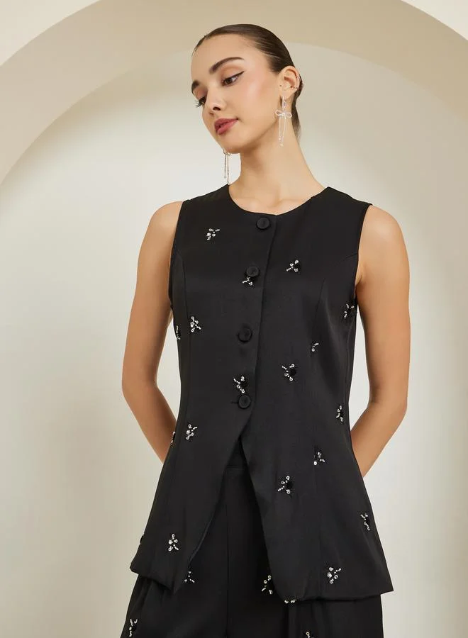 Black Embellished Sleeveless Waistcoat