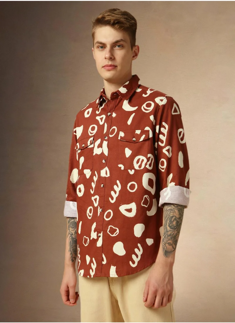 دينيس لينغو Men's Rust Rayon Printed Relaxed Fit Shirt