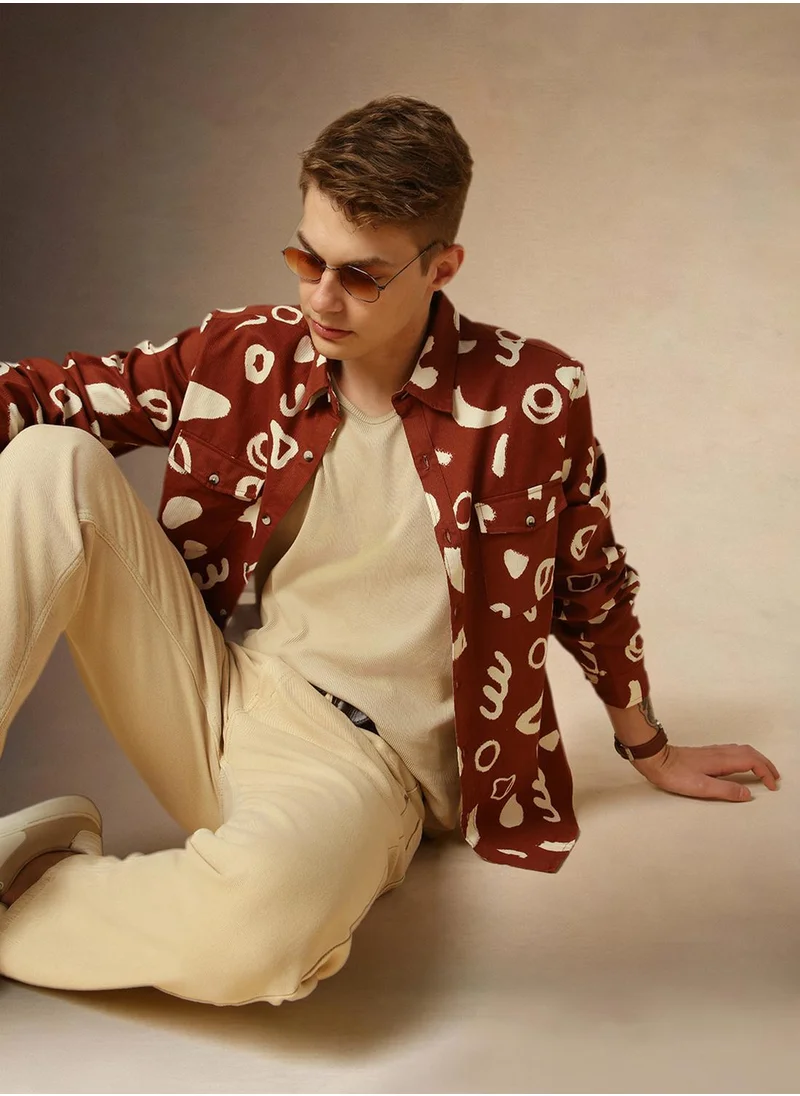دينيس لينغو Men's Rust Rayon Printed Relaxed Fit Shirt