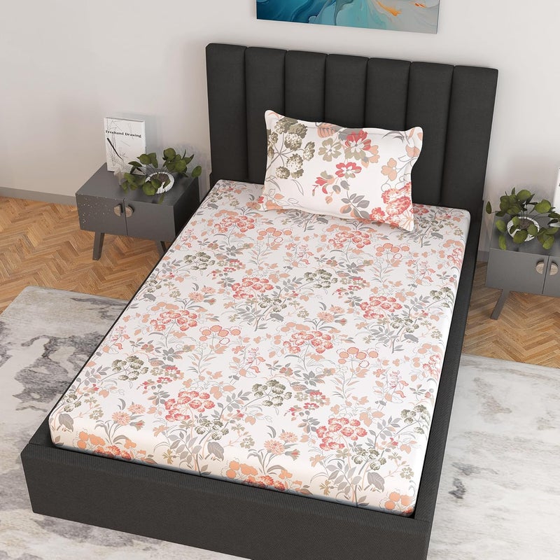 Divine Casa ديفين كازا 144 خيط 100% قطن مطبوع بالورود خوخي ناعم جداً مع حزام مطاطي ملاءة سرير مفرد - 198 × 90 سم - Image 2