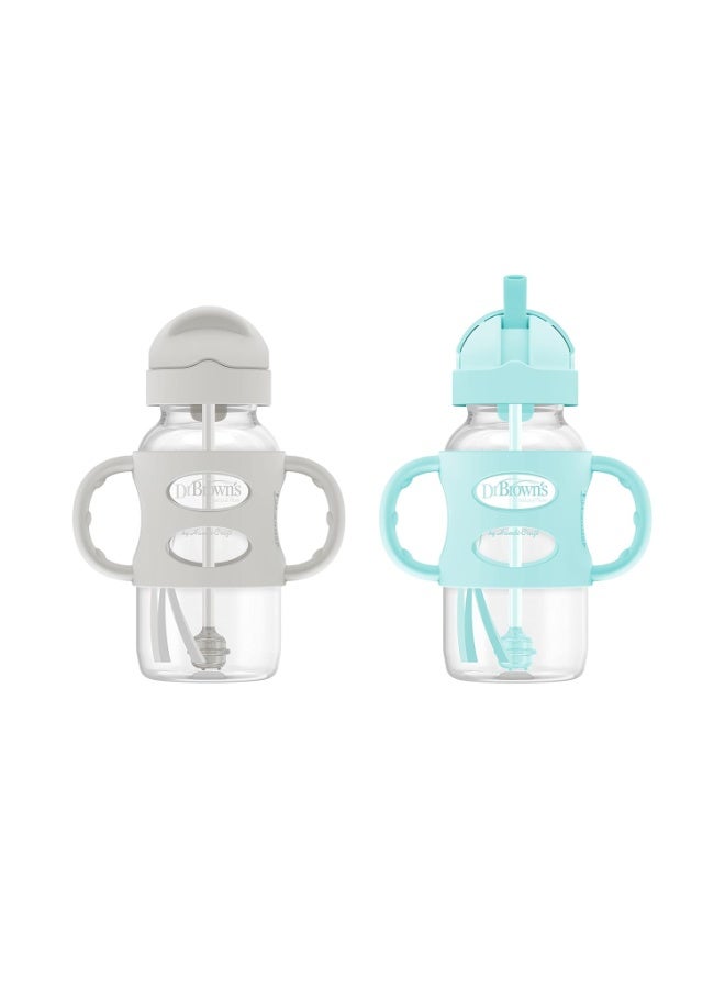Dr. Brown's Dr. Brown's Milestones Wide-Neck Sippy Straw Bottle with 100% Silicone Handles and Weighted Straw, 9 oz/270 mL, Gray & Green, 6m+  - Image 1