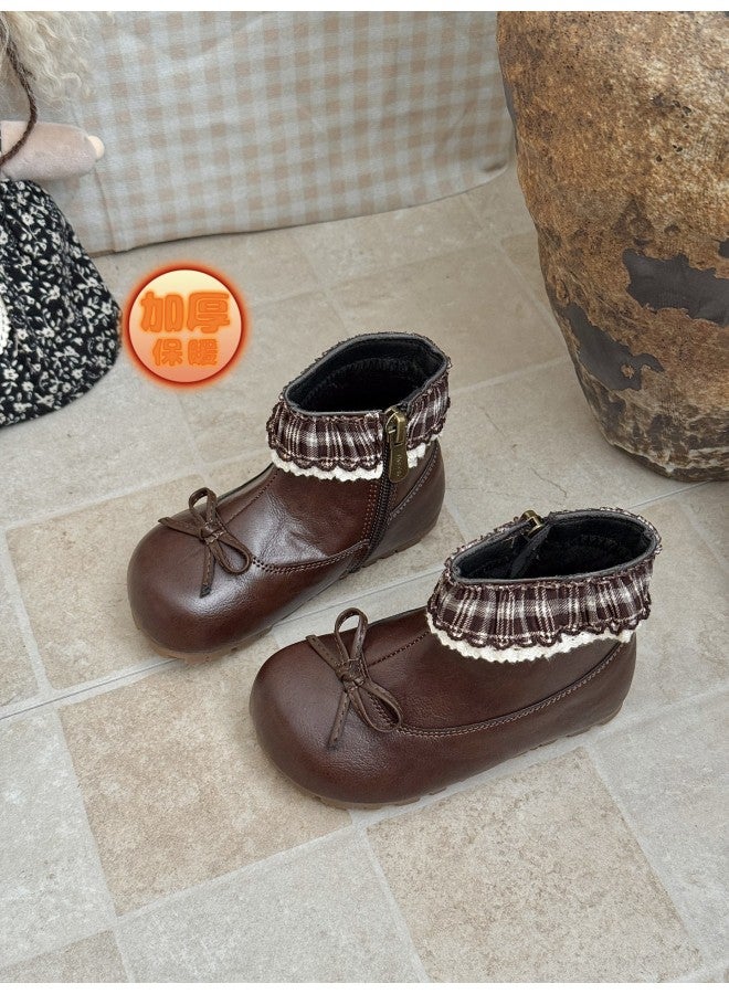 Xshx Lace | Girls' Short Boots For Autumn And Winter With Fleece Lining, Vintage Chelsea Style Leather Boots, Ballet Style Rubber Sole