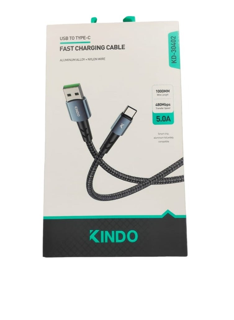 كيندو كابل USB إلى النوع C 5.0A سلك شحن سريع مجدول من النايلون. 1000 مللي متر/480 ميجابت في الثانية - Image 1