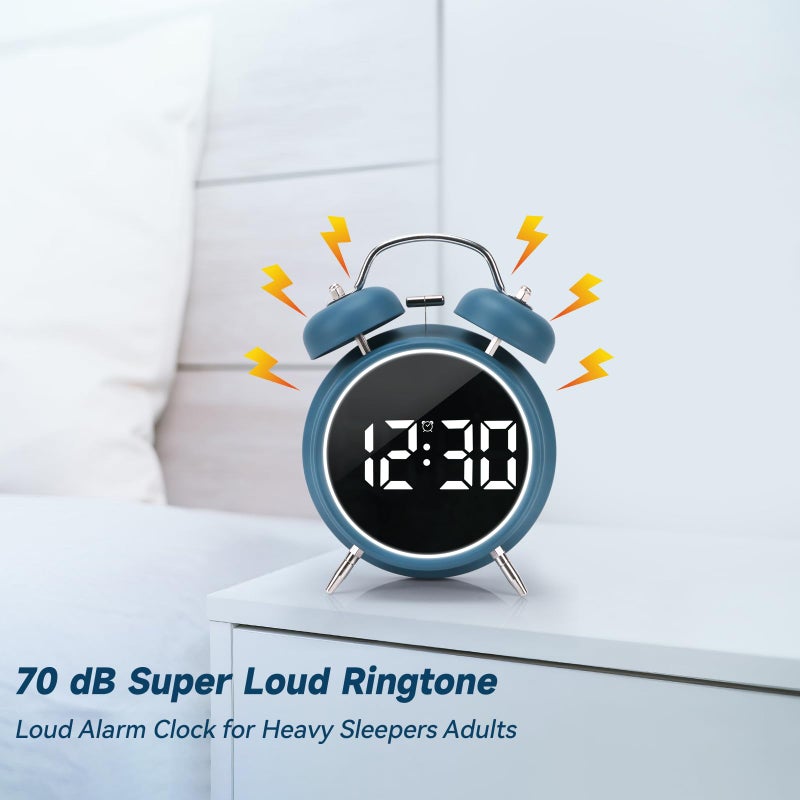 JUSTUP Digital Small Alarm Clock, 4.5 Inch Double Bell Electronic LED Alarm Clock, Plug in or Battery Operated Silent Metal Table Clock, Bedside Loud Bell Clock for Heavy Sleepers Adults Kids (Blue) - Image 3