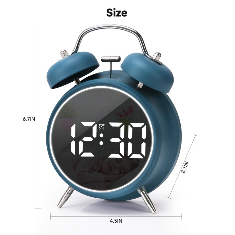 JUSTUP Digital Small Alarm Clock, 4.5 Inch Double Bell Electronic LED Alarm Clock, Plug in or Battery Operated Silent Metal Table Clock, Bedside Loud Bell Clock for Heavy Sleepers Adults Kids (Blue) - Image 2