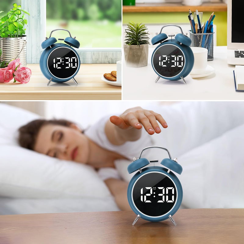JUSTUP Digital Small Alarm Clock, 4.5 Inch Double Bell Electronic LED Alarm Clock, Plug in or Battery Operated Silent Metal Table Clock, Bedside Loud Bell Clock for Heavy Sleepers Adults Kids (Blue) - Image 5