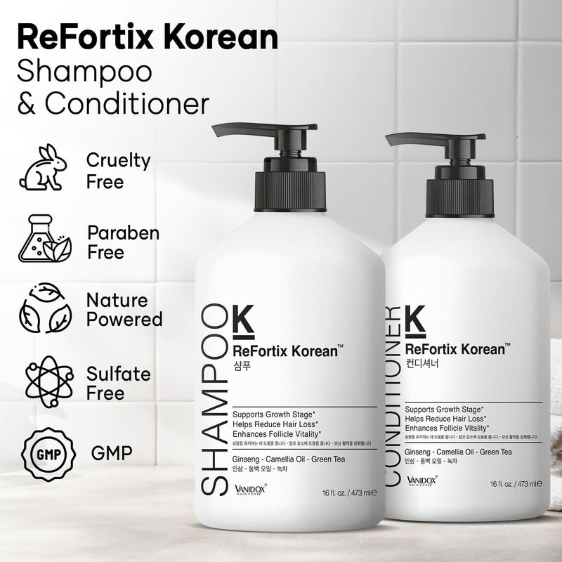 VANIDOX ReFortix Korean Shampoo and Conditioner Set, Enriched with Ginseng, Green Tea, and Camellia Oil, Supports Growth Stage and Helps Reduce Hair Loss for Stronger Hair (16 fl oz each) - Image 2