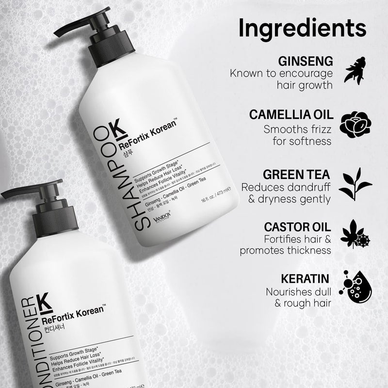 VANIDOX ReFortix Korean Shampoo and Conditioner Set, Enriched with Ginseng, Green Tea, and Camellia Oil, Supports Growth Stage and Helps Reduce Hair Loss for Stronger Hair (16 fl oz each) - Image 4
