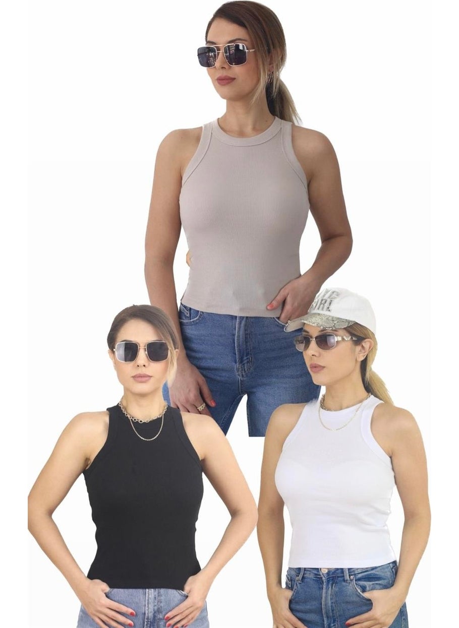 Ritnice - Women's 3-Piece Premium Cotton Ribbed Undershirt White, Black, Beige - Image 1