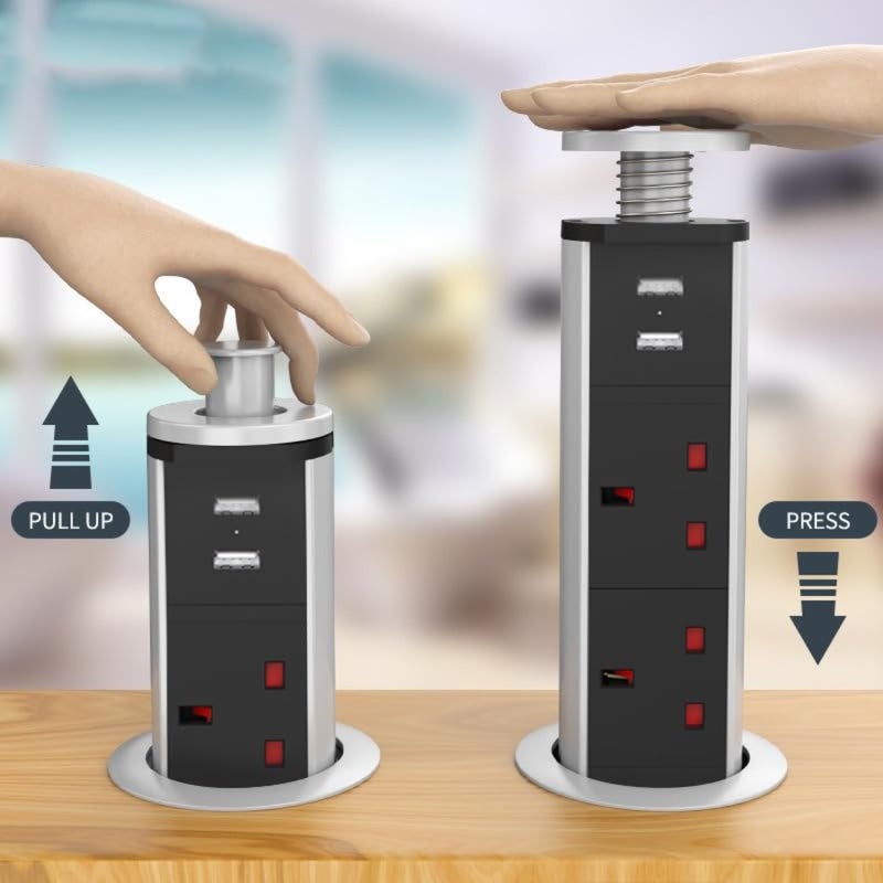 مقبس كهربائي منبثق للاستخدام المنزلي والمطبخ وأسطح العمل، هيكل من سبائك الألومنيوم، فضي، 3 مقابس بريطانية + 2 منفذ USB مع سلك تمديد بطول 1.8 متر - Image 3