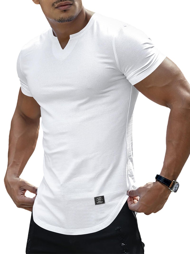 PLEPAN Muscle Shirts for Men Slim fit Short Sleeve V Neck Henley Shirts Longline Athletic Gym Workout T-Shirts, White, Medium - Image 1
