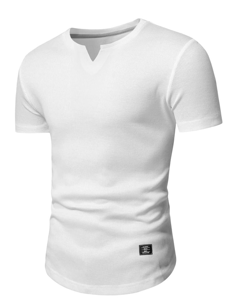 PLEPAN Muscle Shirts for Men Slim fit Short Sleeve V Neck Henley Shirts Longline Athletic Gym Workout T-Shirts, White, Medium - Image 5